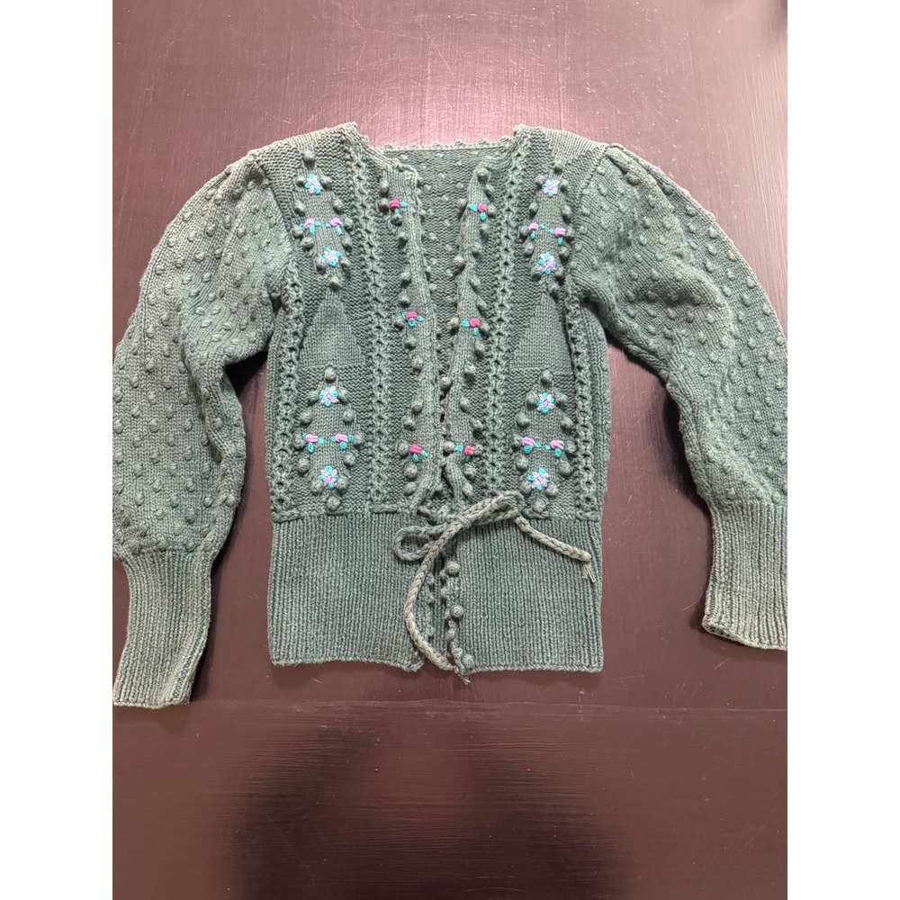 Vintage Green Popcorn Knit Floral Embroidered Tie Front Cardigan Sweater